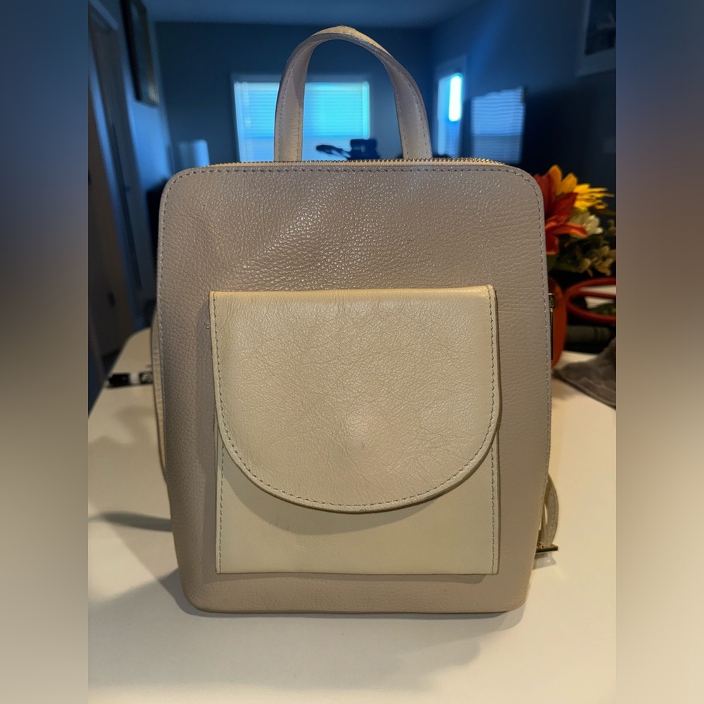 DIVINA FIRENZE Kitty Beige Italian Pebbled Leather Convertible Backpack Bag